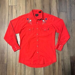Vintage high noon red embroidered stars pearl snap button up shirt size‎ medium